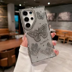 Luxury Bling Diamond Butterfly Phone Case - Shockproof Slim Glitter Cover - Galaxy S23 Ultra (GRAY)
