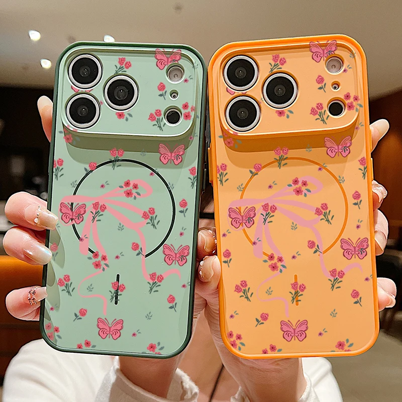 Pink Bow Rose Print Magnetic Phone Case with MagSafe Compatibility - TPU & PC Back Cover