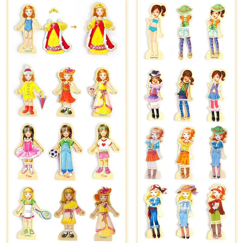 Magnetic Dress Up Princess Gifts For 3-8-Year-Old Girls 63Pcs Magnetic Dress-Up Wooden Doll Pretend Play Set With 4 Wooden Doll 4