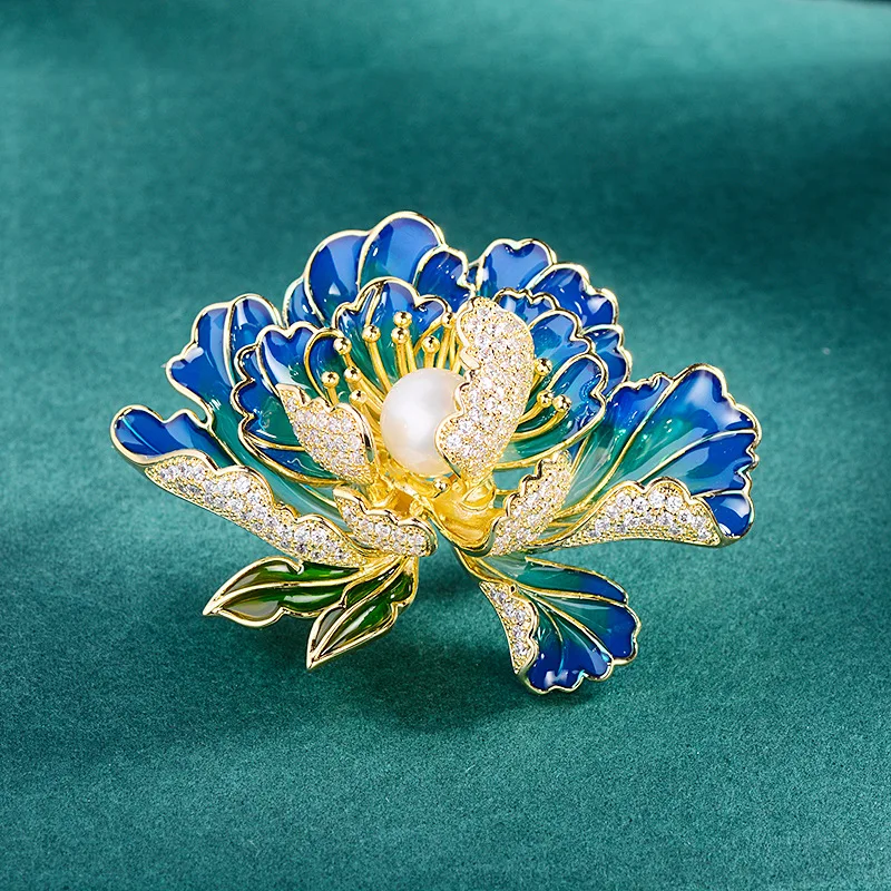 

Freshwater Pearl High end Flowing Colored Peony Flower Brooch with Chinese Style Micro inlaid Zircon Pin Coat Gift Corsage