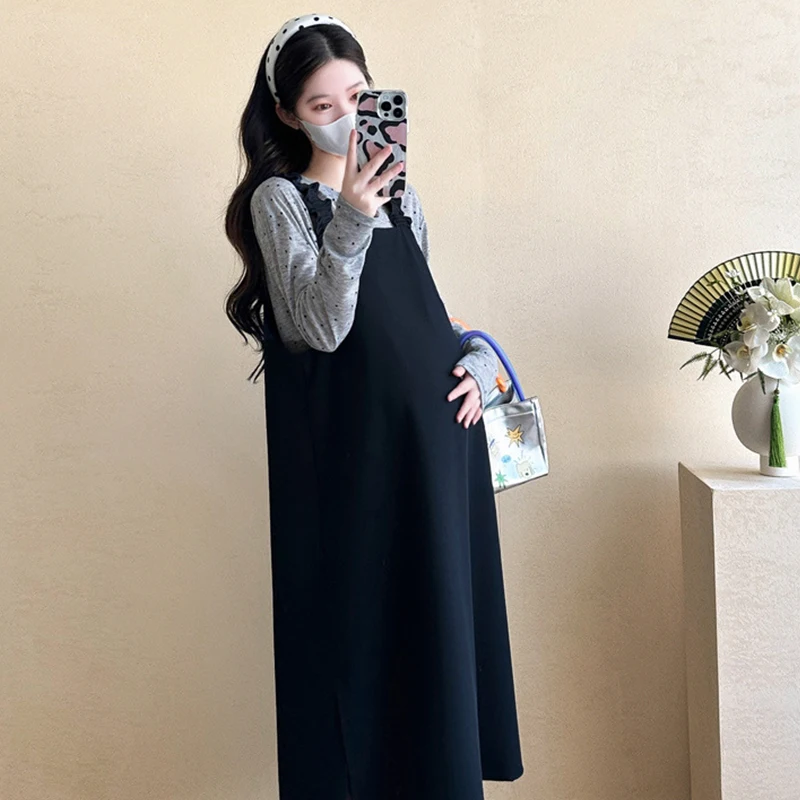 New Maternity Autumn Clothes Set French Polka Dot Base Shirt + Loose Suspender Dress Fashion Dress Suit for Pregnant Women Wear
