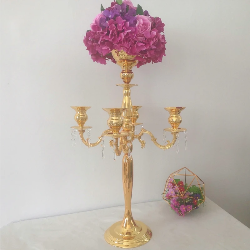 

Gold 5 Heads Crystal Candelabra Candle Holder Wedding Centerpiece Flower Bowl Candle Holder With Pendants