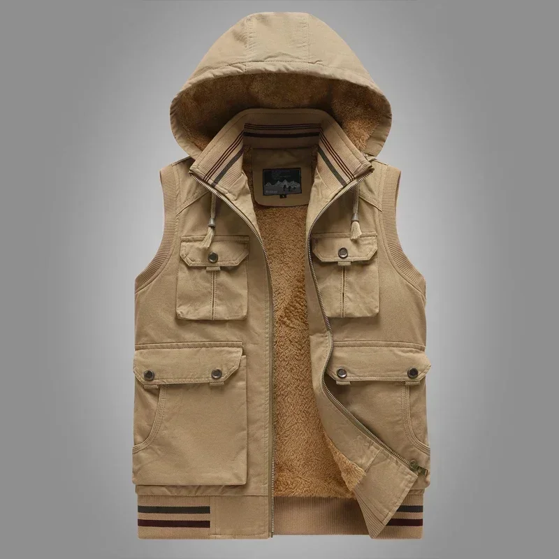 

Sleeveless Vest Men Fleece Warm Jacket Waistcoat Travel Multi Pocket Quality Tactical Military Style Casual Thick Male Clothing