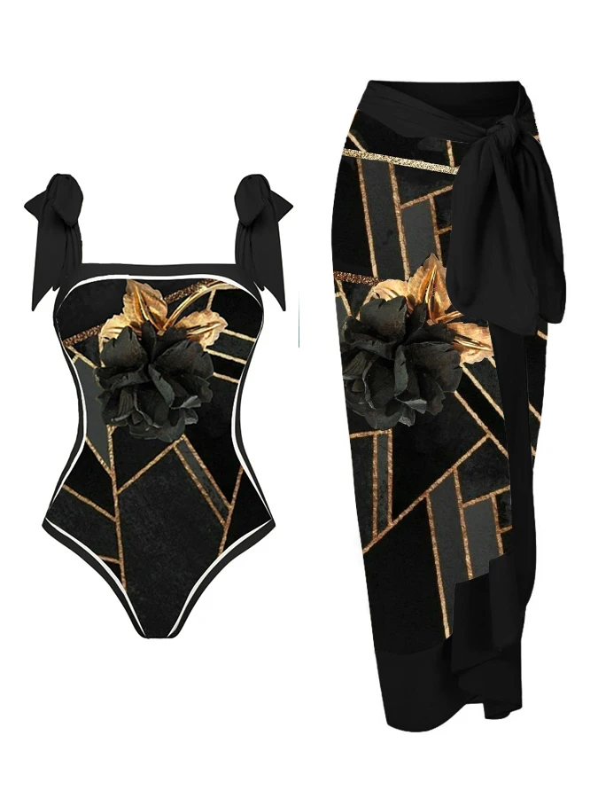 

Retro Ladies Bikini Geometric Color Block Print Reversible One Piece Summer New Beach Vacation Swimsuit And Cover up