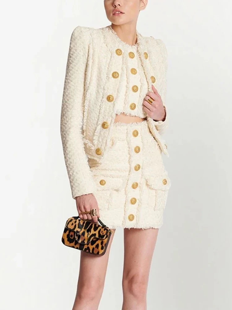 

2023 New Designer HIGH STREET Newest Fashion Women's Lion Buttons Tassel Fringed Tweed Jacket