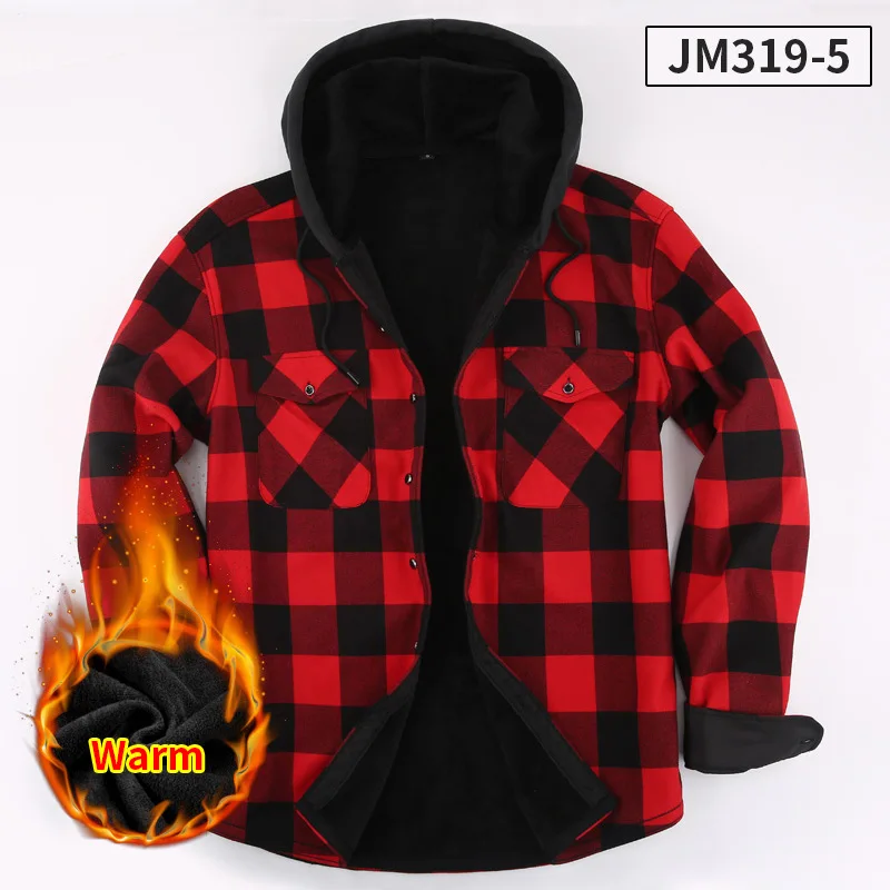 American new men's casual large size plaid shirt autumn and winter hooded and fleece thick shirt long sleeve warm shir