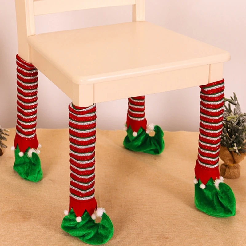 Christmas Table Foot Socks Chair Leg Covers Floor Protectors Non-Slip Striped Cloth Furniture Feet Sleeve Decor