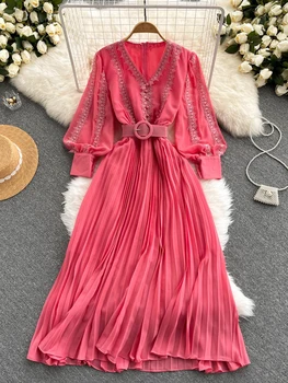 Women Lace Patchwork Pleated Chiffon Long Dress Autumn Winter Red/Black/Blue Draped Party Vestidos With Sashes Female Robe 2021 1