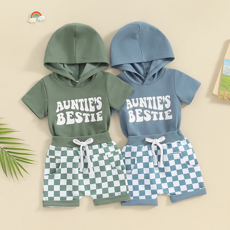 

Baby Boys Summer Outfits Casual Short Sleeve Hooded Tops + Checkerboard Shorts Set Toddler Clothes Kid Clothing Set