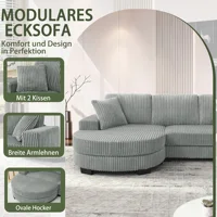 Г-образный угловой диван – 4-местный диван, 256,5 х 133,5 х 89 см, классический вельвет, модульный дизайн с овальным пуфиком, 2 подушки — изображение 5