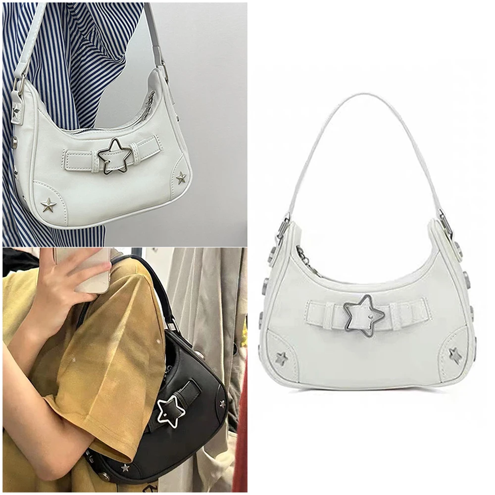 

Fashion Women's Underarm Bag Cool Girls Star Shoulder Bag Soft PU Leather Retro Motorcycle Bag Female Y2K Satchel Zipper Handbag