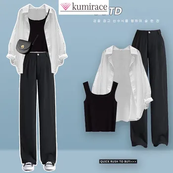 용수철 여름 여성 자외선 차단 셔츠, 탱크탑 슬림해 보이는 캐주얼 바지, 한국 스타일 3 종 세트, 2024 신상