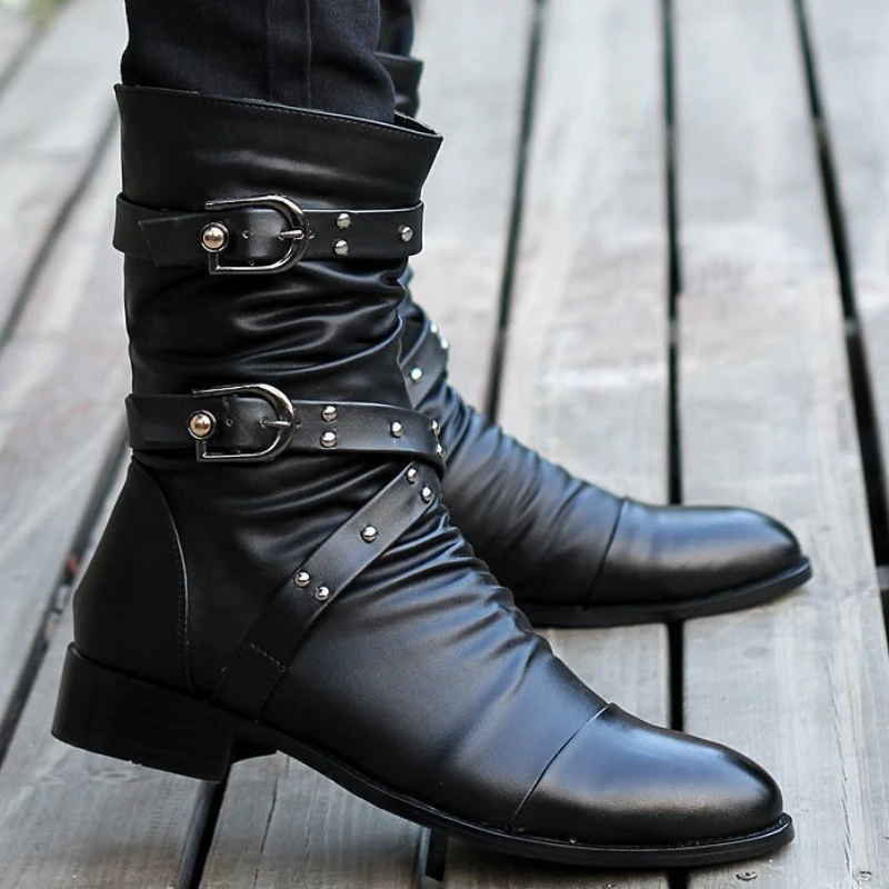 Men's Motorcycle Leather Boots Belt Buckle Mid-calf Boots Lightweight Comfortable Thick Sole Business Shoes Botas Militares