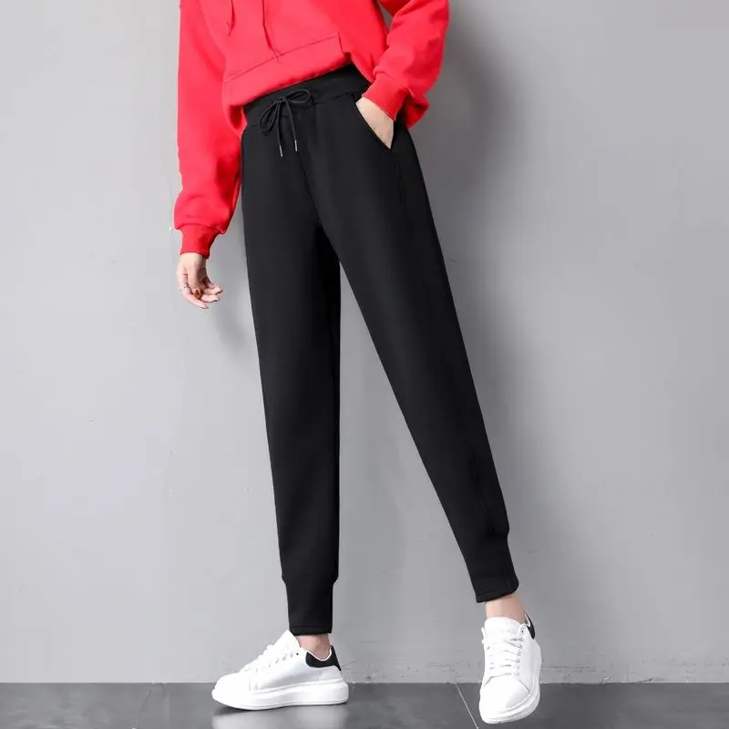 Autumn and Winter Women's Elastic High Waist Solid Color Drawstring Pocket Tied Feet Lantern Trousers Fashion Casual Pants