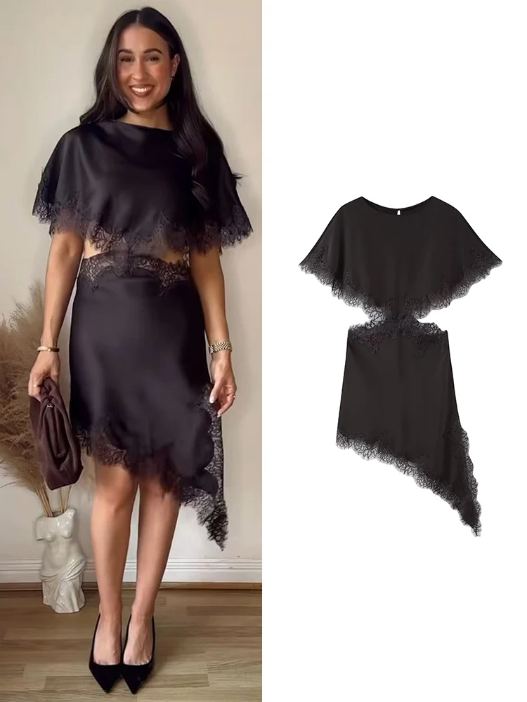 Women Sexy Cut Out Irregular Dresses Lace Spliced Short Sleeve Asymmetric Midi Dresses Solid Female Satin Elegant Party Dress