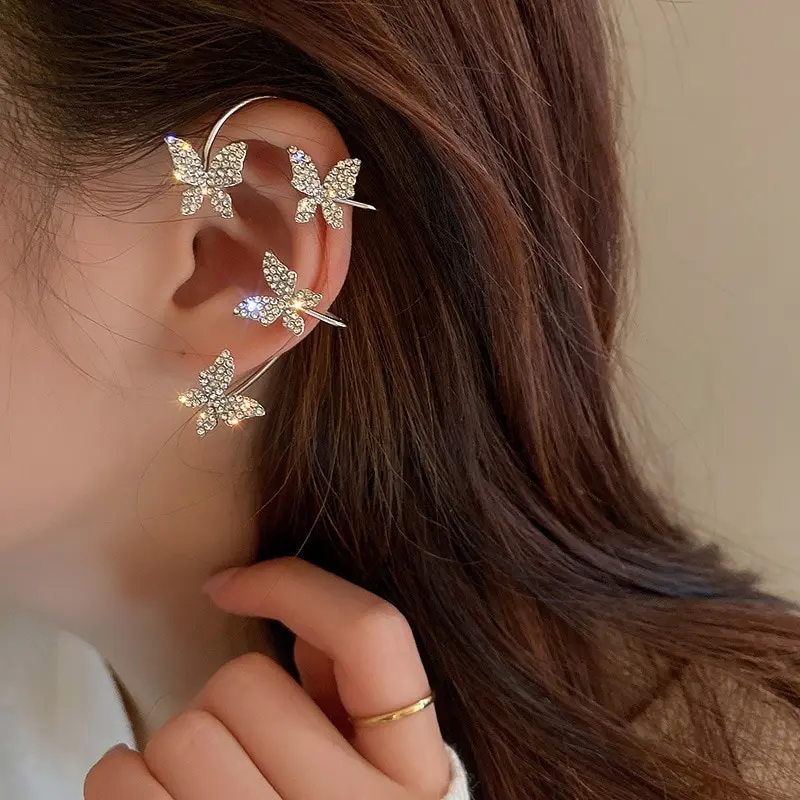 Ear Clip Earrings Sparkling Butterfly For Women Rhinestone Crystal Buckle Without Piercing Party Wedding Jewelry