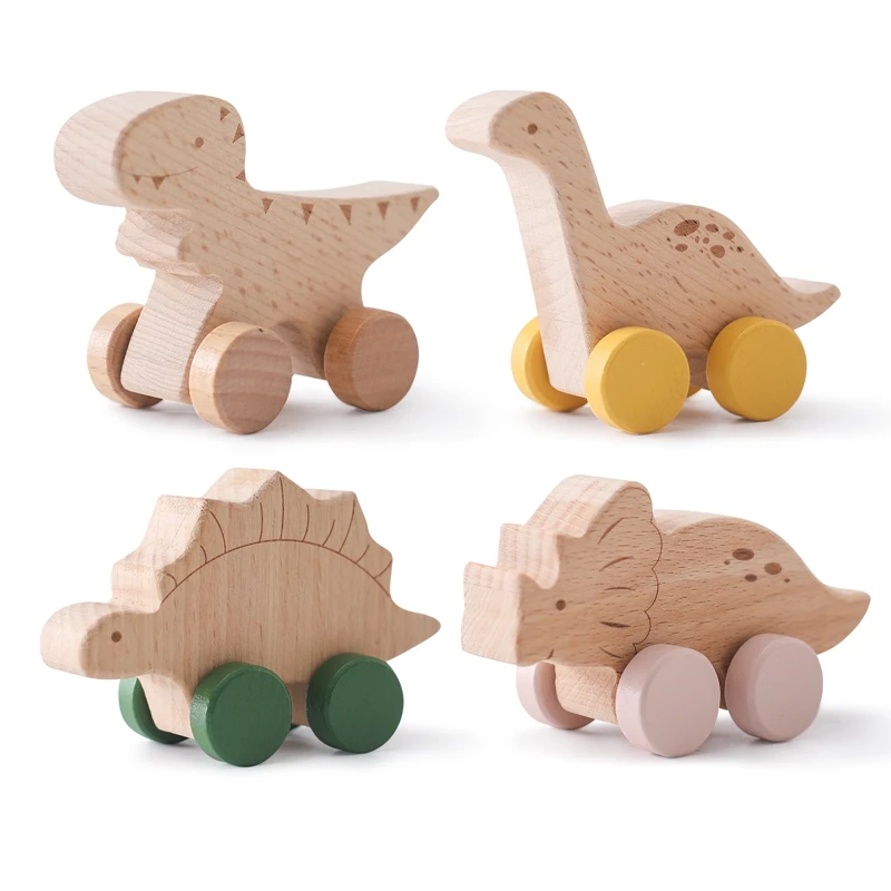 1PC Baby Wooden Toys Beech Wood Cartoon Dinosaur Car Montessori