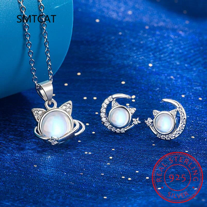 925 Sterling Silver Jewelry Set Moonstone Dazzling CZ Moon Cat Necklace+Earrings joyas de plata For Women Girl Gift