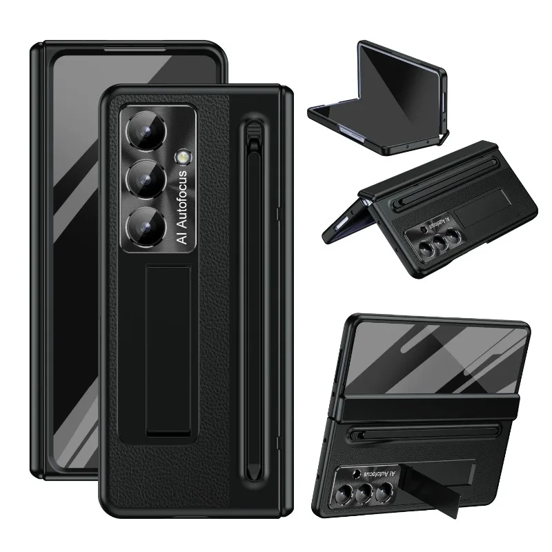 Premium Electroplated Matte Leather Hinge Case with Pen Slot and Touch Pen Holder