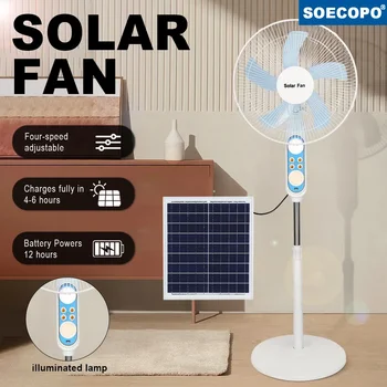 Ventilatore da pavimento solare con telecomando 4 velocità e luce antispinta Batteria ricaricabile 12 ore di autonomia 25 W solare per interruzione di corrente di emergenza domestica 1