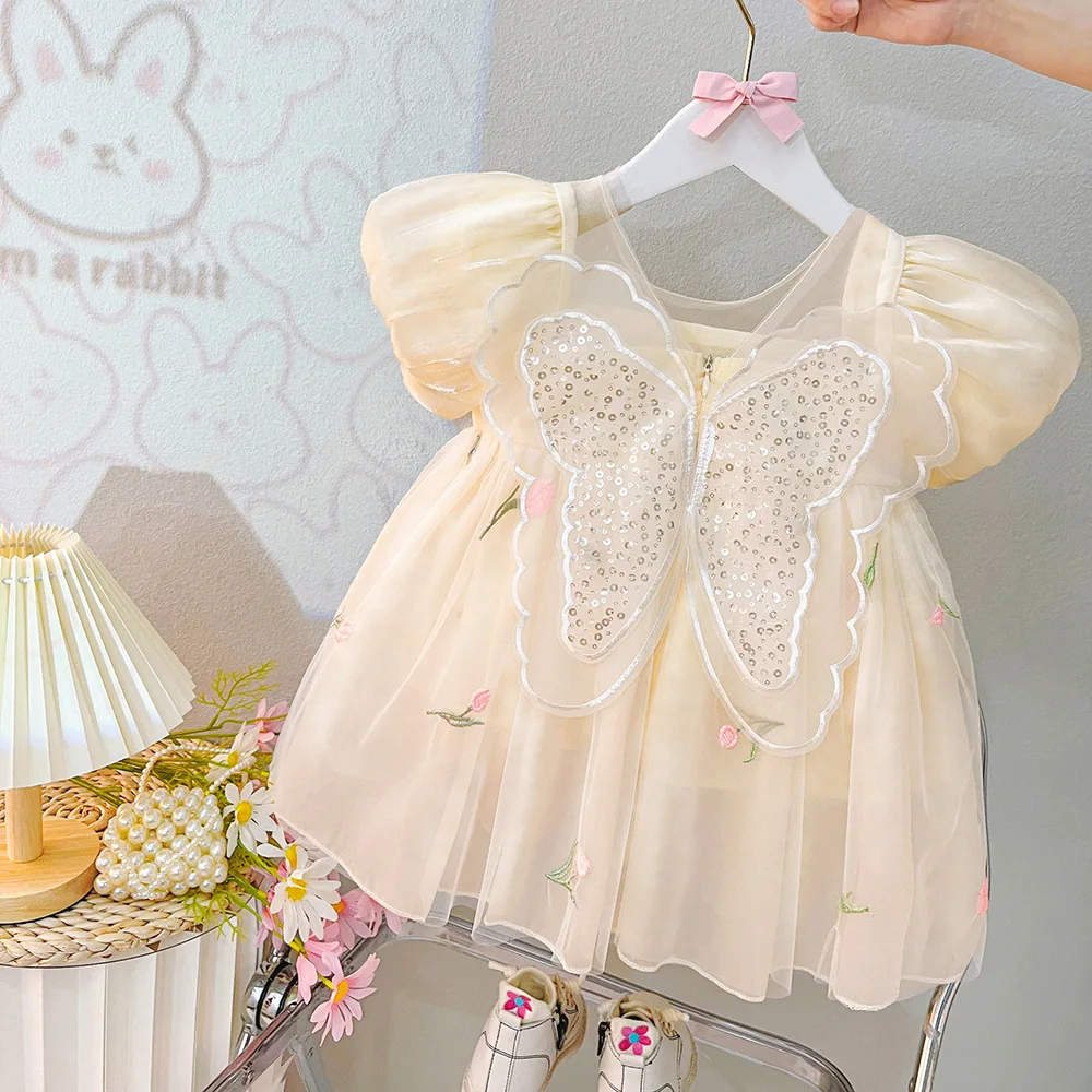 

Girls Sweet Dress 2024 Summer New Girls Bubble Sleeves Back Small Wings Double Layered Guaze Princess Dress Kids Clothes