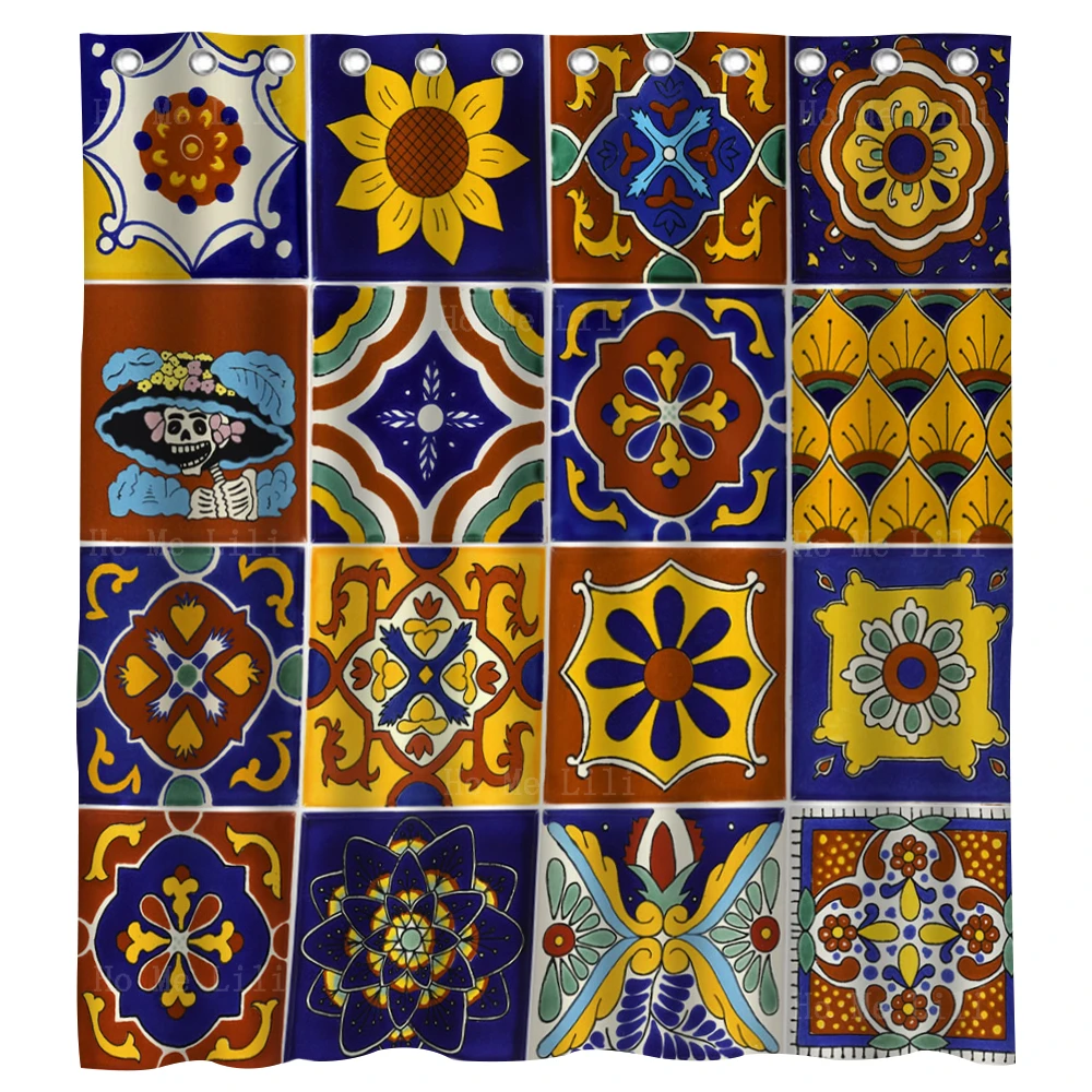 TalaveraMexicanTilesSpanishMediterraneanTraditionColorFabricShowerCurtainByHoMeLili