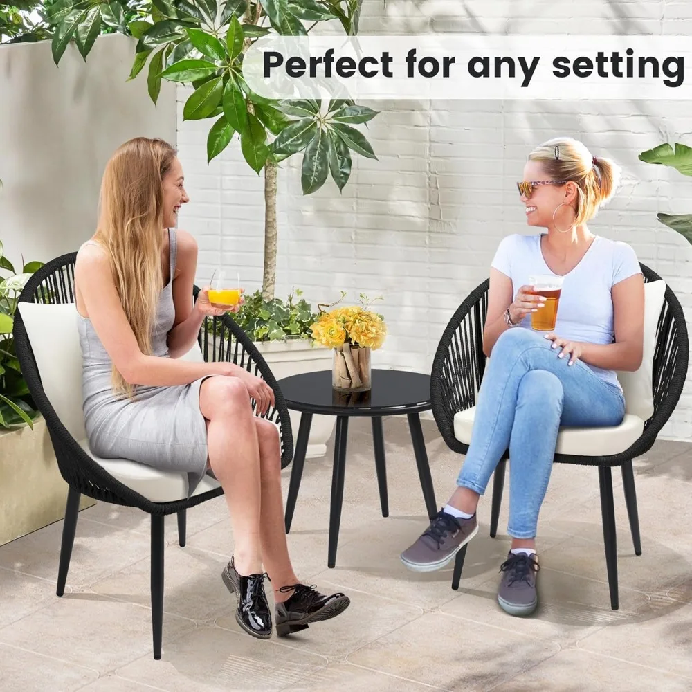 All-Weather Woven Rope Chair Bistro Set with Cushions and Side Table for Outdoor Decks and Balconies