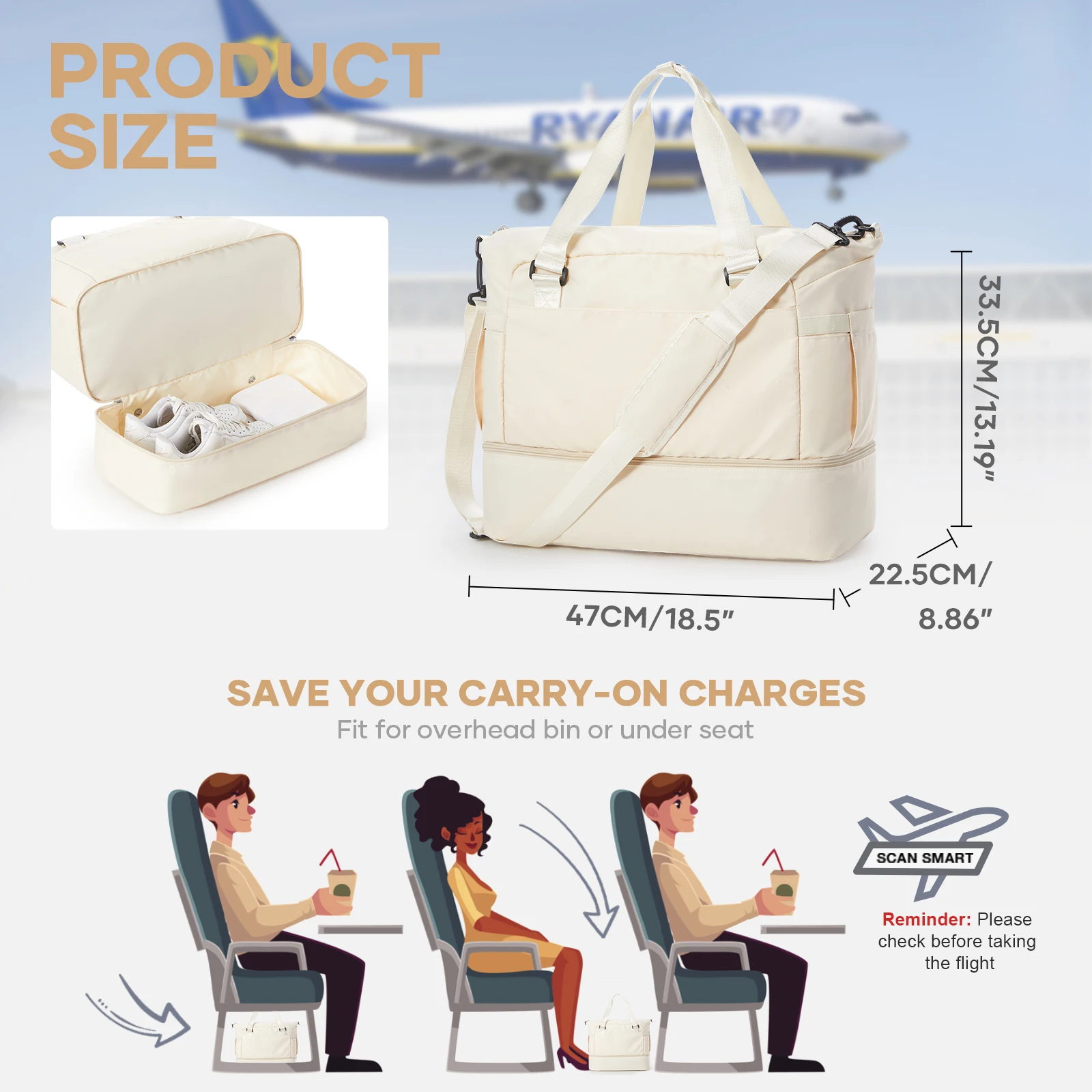 Holiday Short Distance Travel Clothing Storage Bag, Shoe Compartment Travel Bag, Woman Bag for Gift，Weekend Sports Fitness Bag