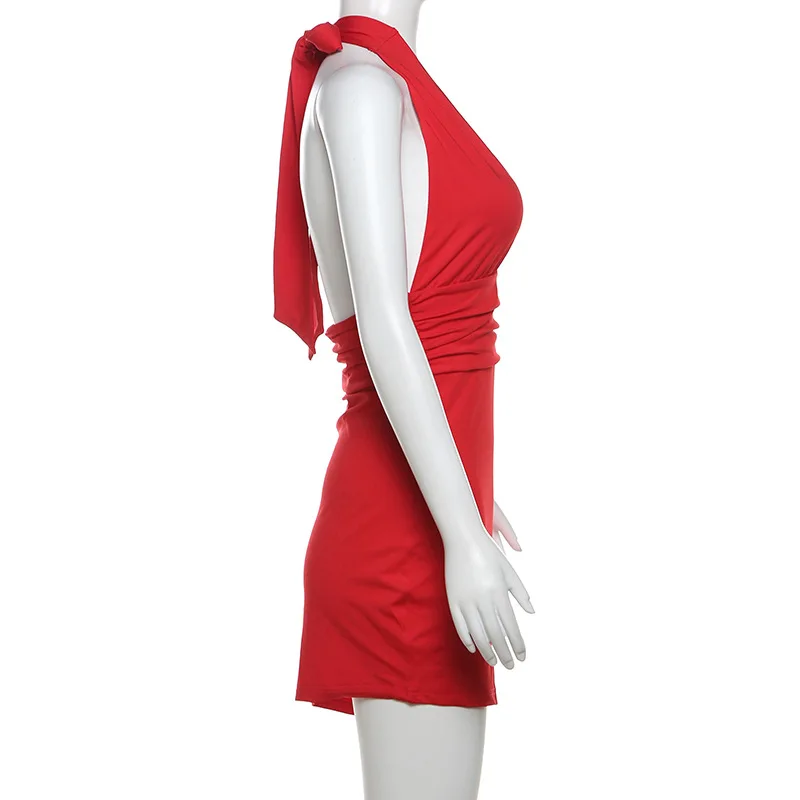 V-Neck Slim Hot Backless Mini Dress Female Bandage Solid Summer Halter Patchwork Elegant Party Dress Clothes Women Dress