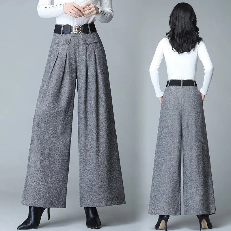 2023 Fashion Spring Autumn Woolen Wide Leg Pants Trousers Women Pleated Casual Pants Skirt Pants Straight Pants Fat Leg Pants