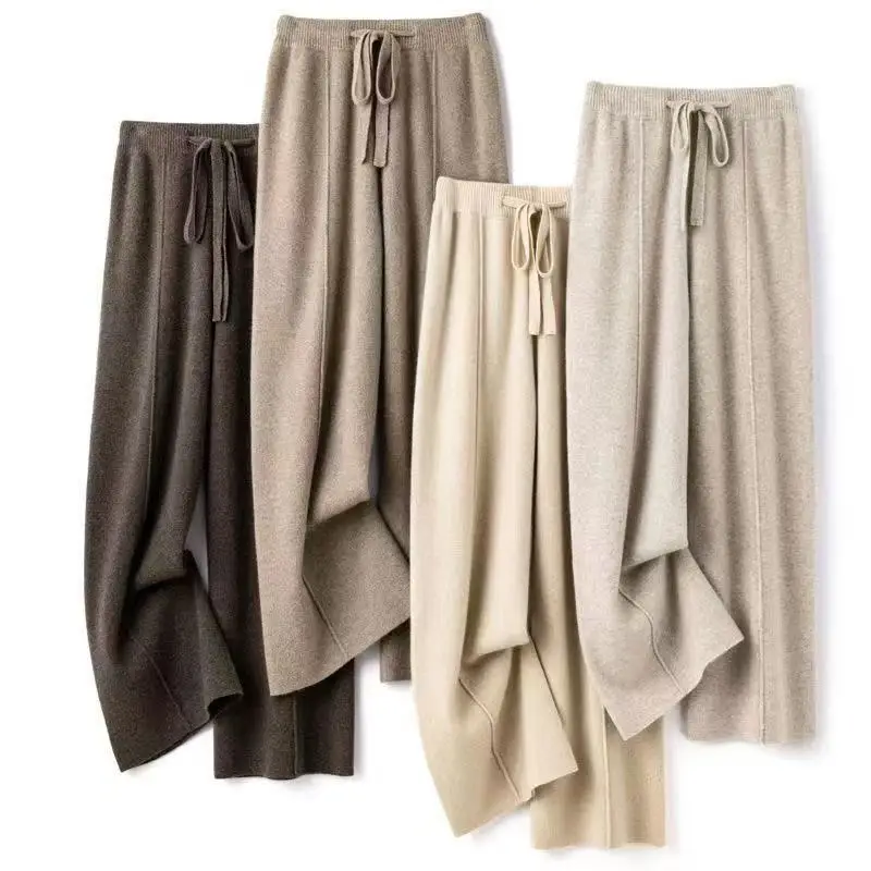 Women Merino Wool Knitted Wide Leg Pants Autumn Winter Basic Soft Warm Cashmere Knit Trousers Casual Simple Style Korean 4