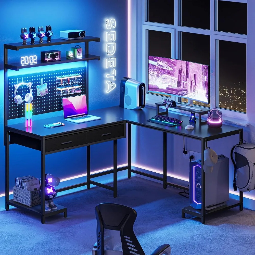 L Shaped Gaming Desk with LED Lights, Pegboard and Drawers, Gaming Desk with Hutch, Computer Desk with Monitor Stand, Sto 6