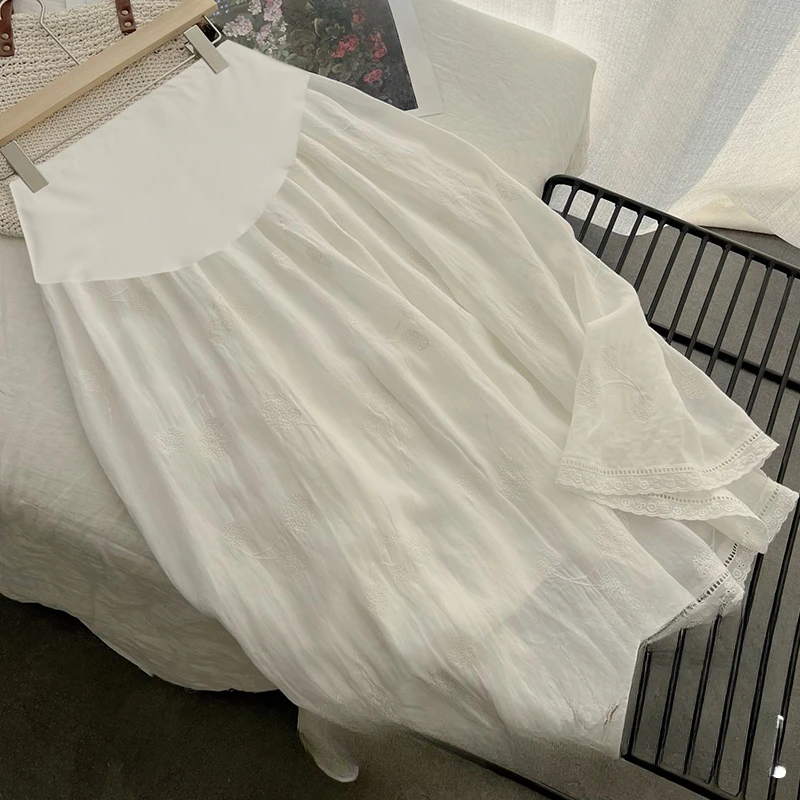Spring Maternity Cotton Linen Belly Skirts with Floral Embroidery Good Quality Pregnancy Midi Skirt Sweet A-line Skirt