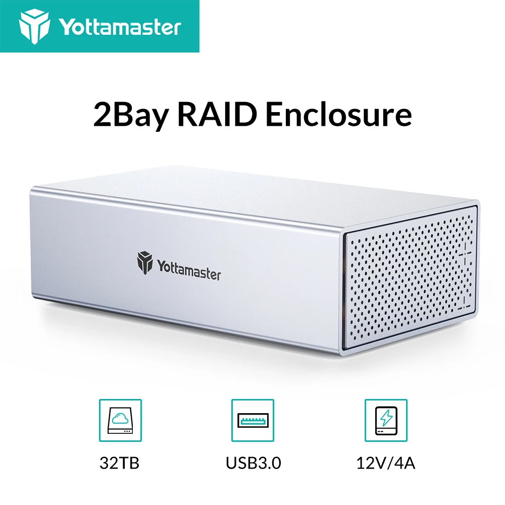 

Yottamaster 2 Bay RAID Enclosure 6Gbps USB 3.0 to SATA3.0 RAID External Hard Drive Case for 2.5"3.5" SATA HDD/SSD Support 2*16TB