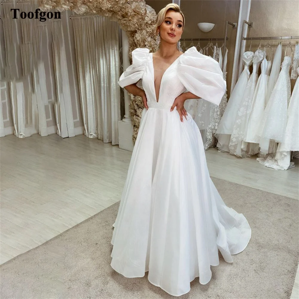 

Toofgon Simple Organza Wedding Dresses A-Line Pleated Cap Sleeves Bridal Gowns Deep V-Neck Princess Bride Formal Party Dress