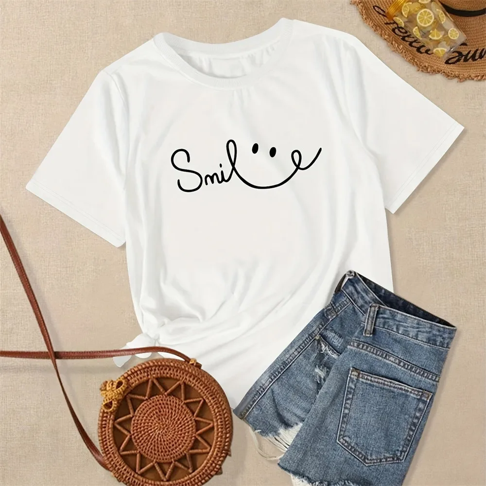 

Harajuku Smile Face Printed O-Neck T-Shirt Summer Women Casual Short Sleeve Top Streetwear Tops Women's Clothing