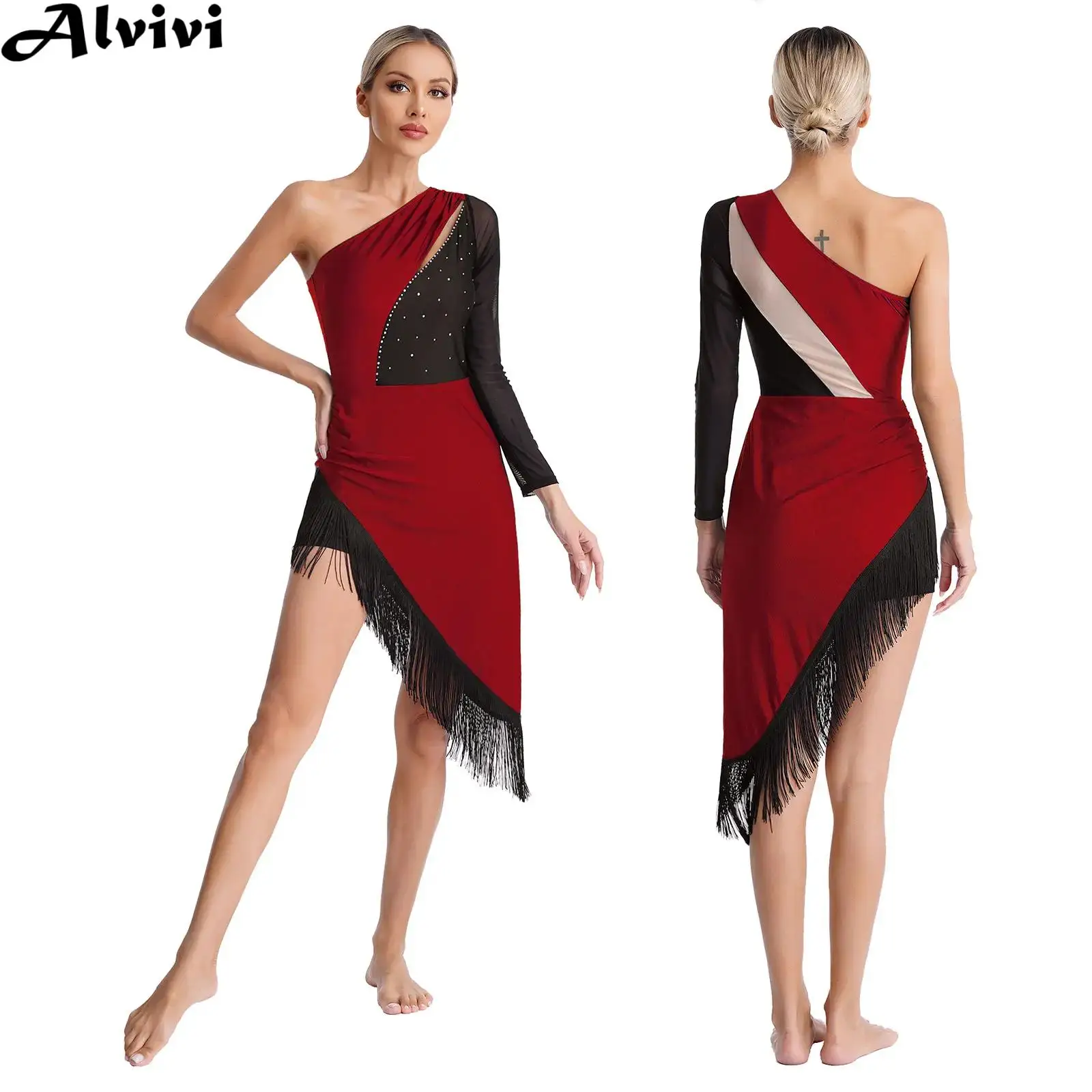 

Women Lyrical Dance Latin Tango Cha-cha Samba Rumba Salsa Ballroom Dancing Dress with Shorts Shiny One Shoulder Tassel Dancewear