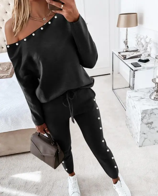 Cold Shoulder Beaded Long Sleeve Diagonal Neck Top and Drawstring Pants Set New Fashion 2023 Hot Selling Women's Wear good selling factory lubrication hose stud accessories and threaded sleeve centralized system