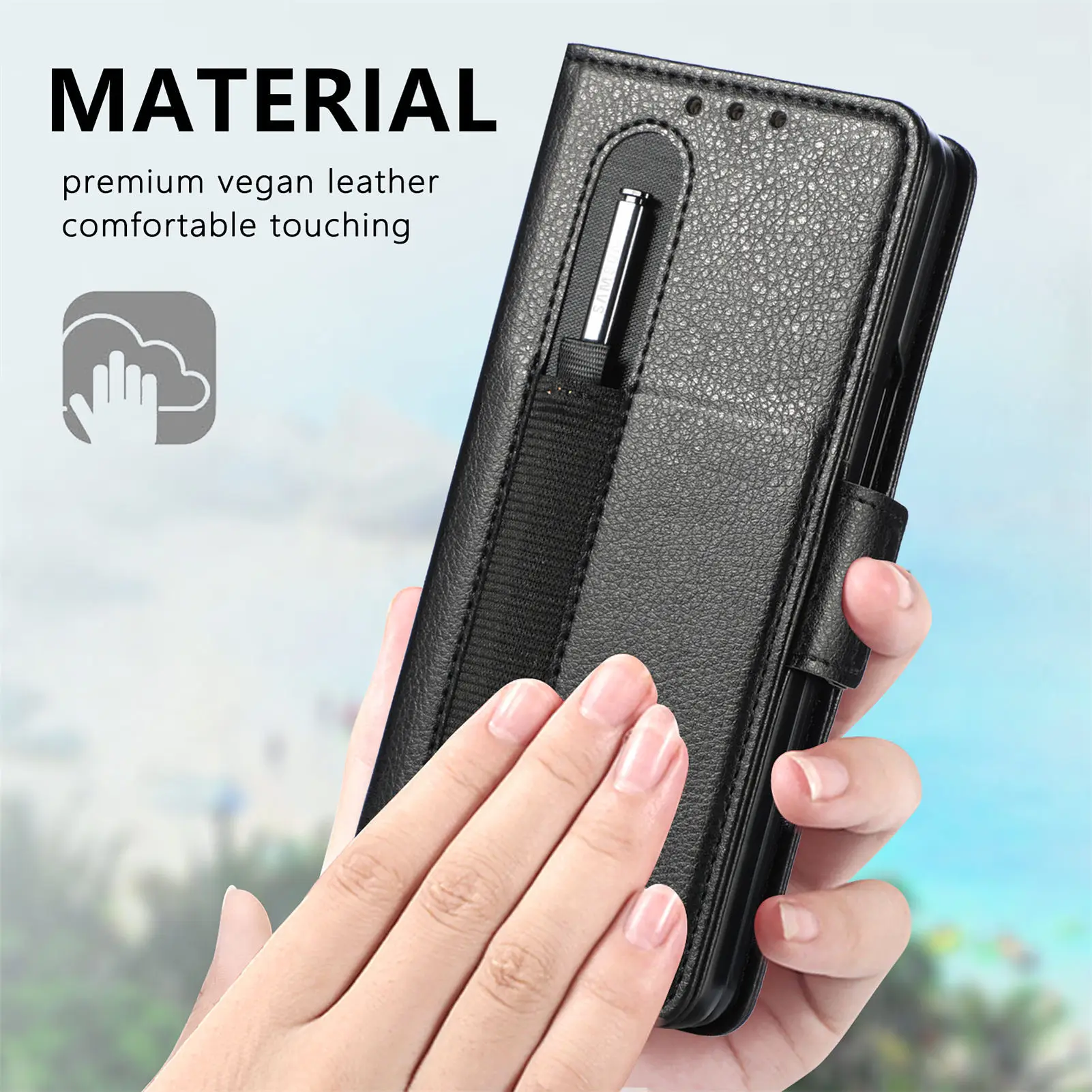 Premium Lychee Pattern Leather Case for Samsung Galaxy Z Fold 4 3 with Pen Holder Multifunctional Wallet Design Anti-Drop Cover