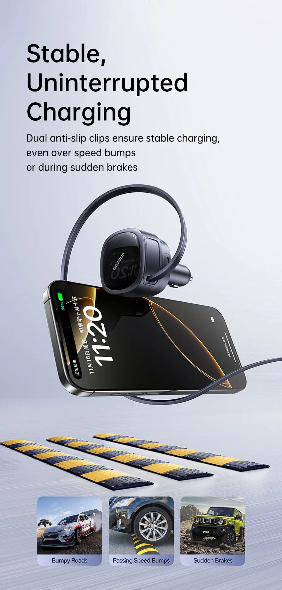 60W Car Charger 45W Retractable Cable 3 Ports Fast Charging 180° Rotating Car Ph