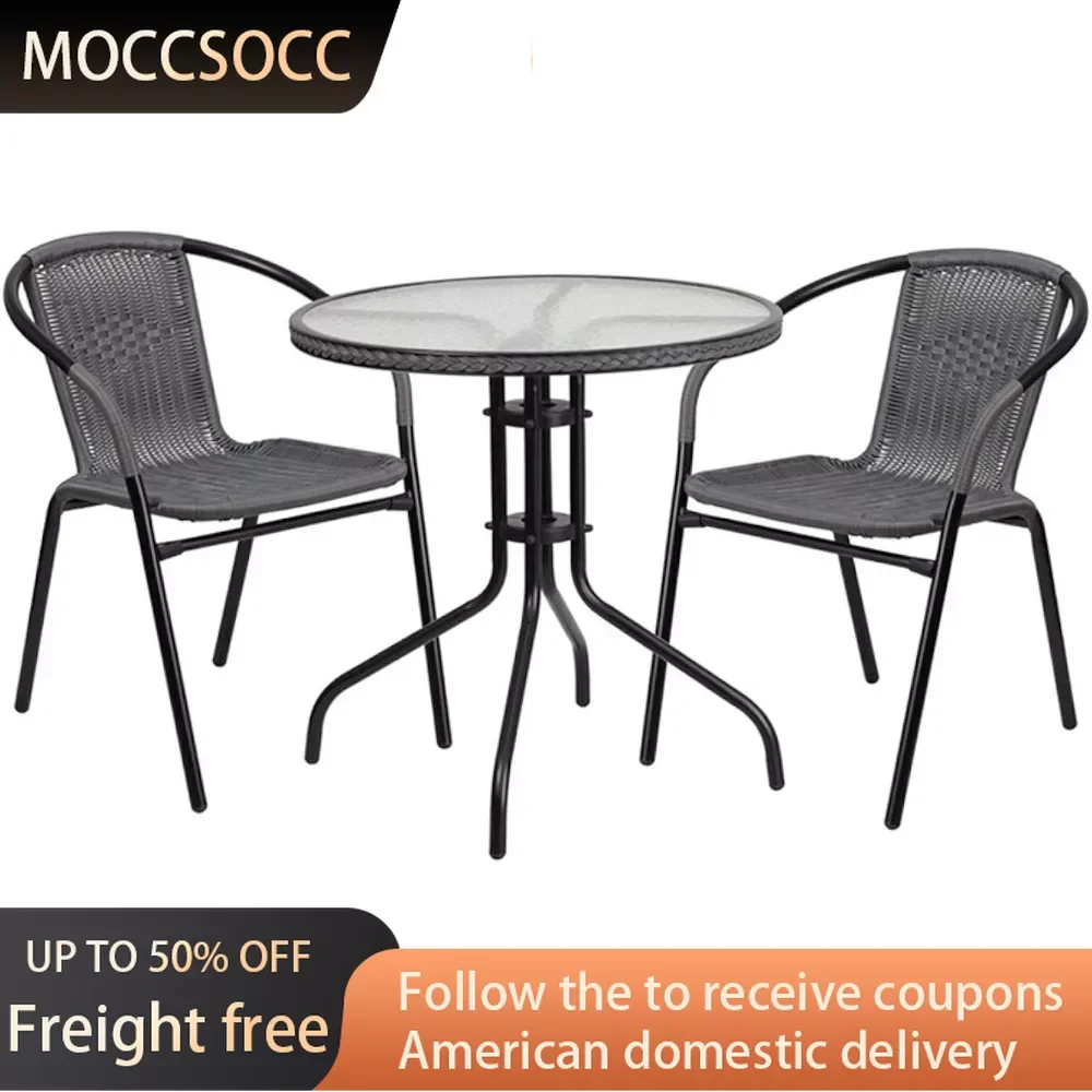 

Indoor/Outdoor Bistro Table and Chairs Set 3-Piece Patio Dining Set With Round Glass Metal Table and 2 Stackable Rattan Chairs