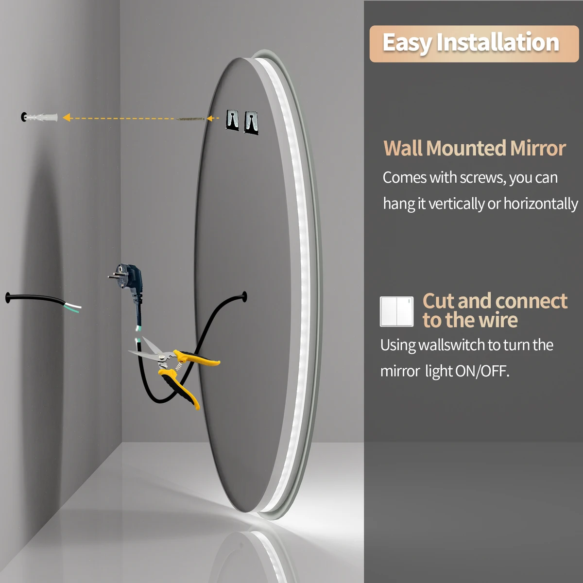 600mm LED Round Wall Mounted Vanity Mirror with Demister Pad Smart Touch Sensor Memory Function Backlit Front Lighted 3 Colors — view 6