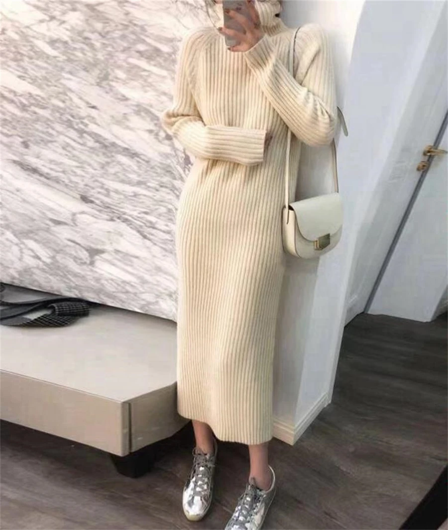 Turtleneck Loose Knitted Sweater Dress Korean Knitwear Long Dresses Thick Elegant Casual Vestidos Women Fall Winter New Robe