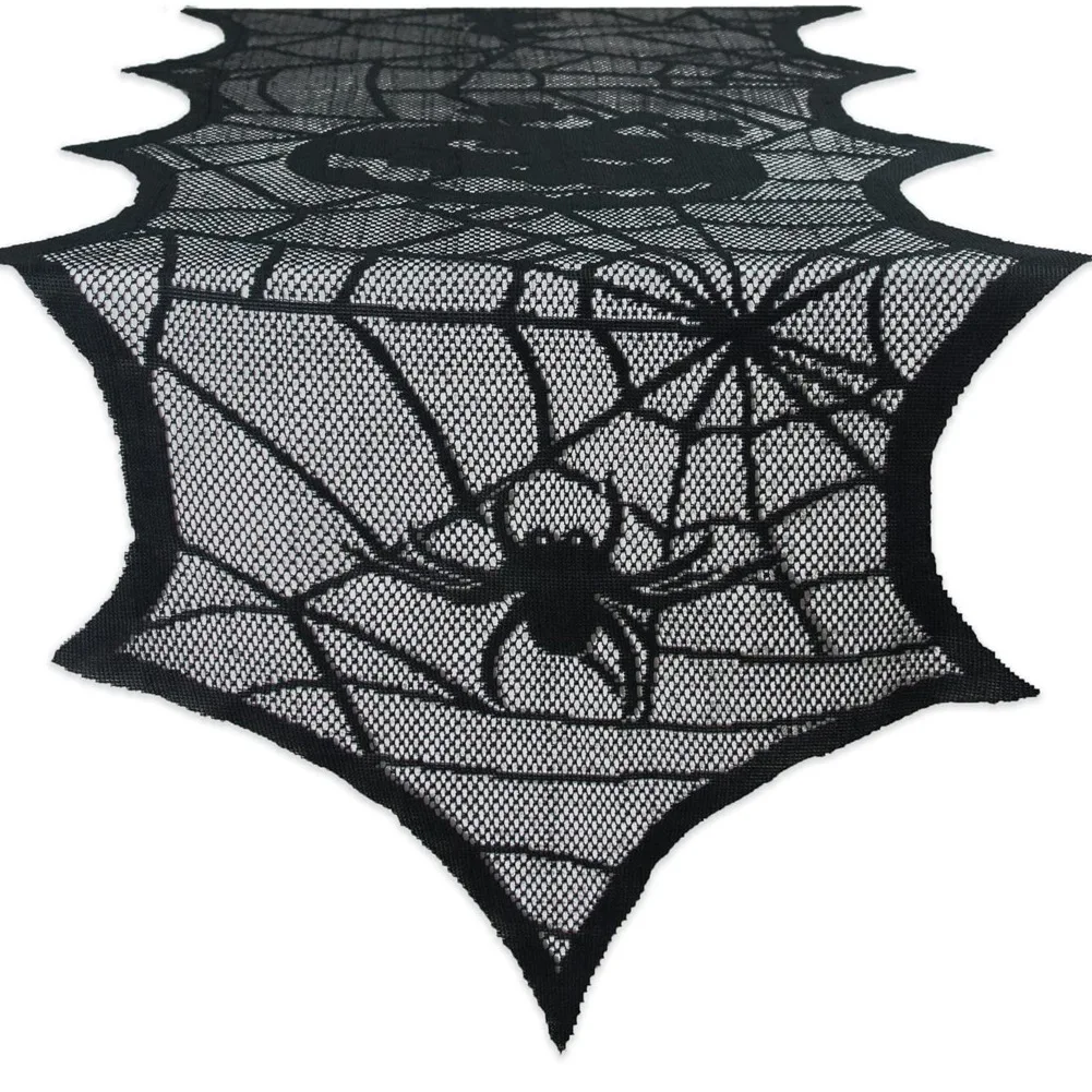 

Halloween Black Polyester Lace Spider Web Table Runner Halloween Family Table Cloth Happy Helloween Party Decor Trick Or Treat
