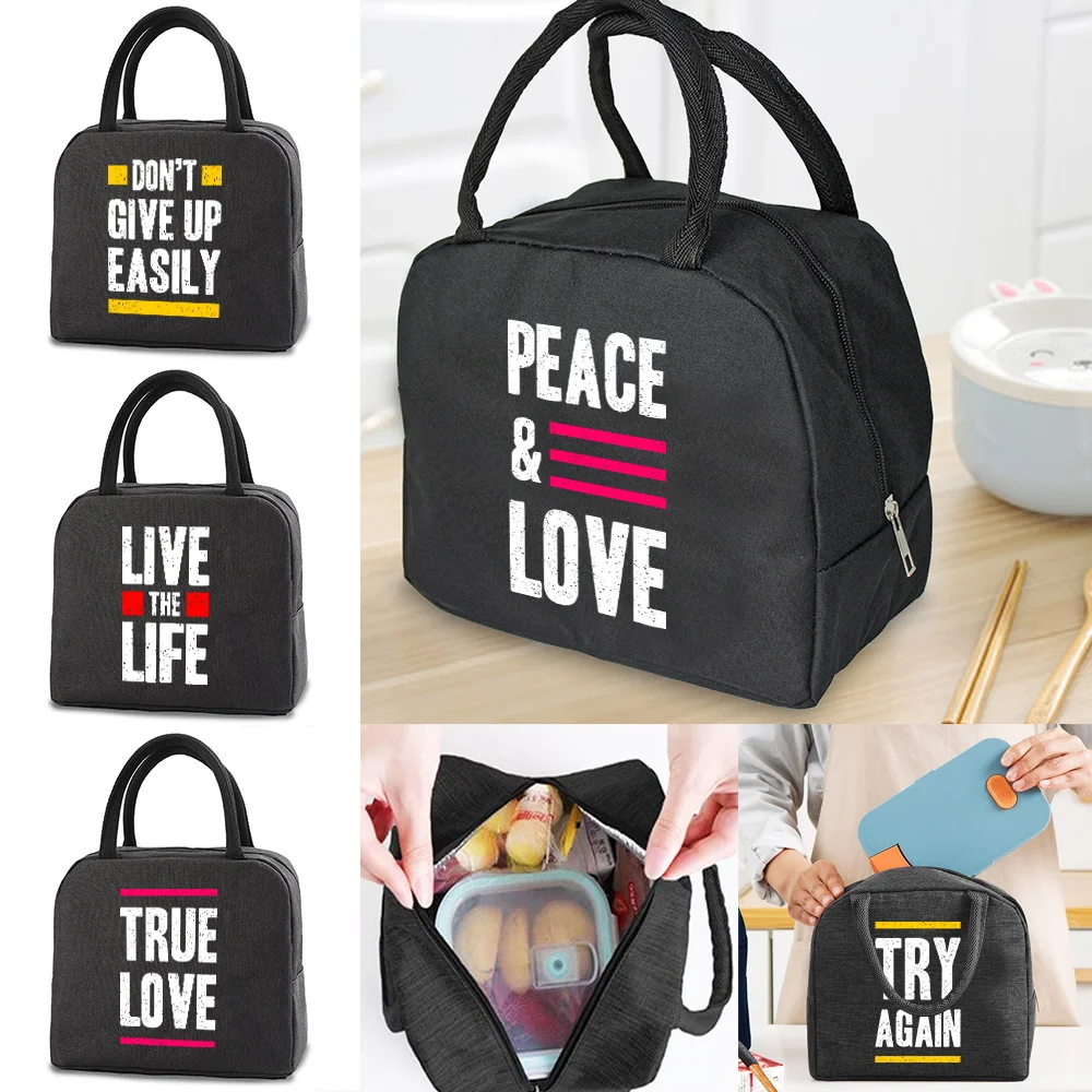 Portable Lunch Bag for Women Insulated Canvas Cooler Tote Thermal Food  Children Picnic Bags Lunch Bags for Work Phrase Pattern
