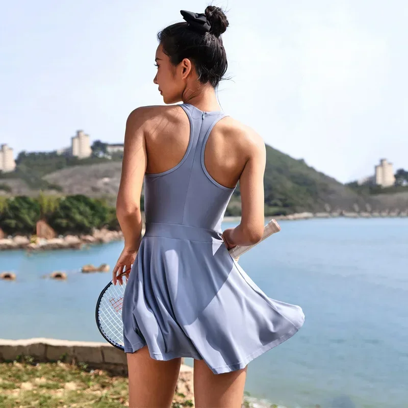 Women Sports Tennis Dresses Fashions Skintight Elastic Force Pleated Liner Skirt Fitness Workout Suits Permeability Clothing