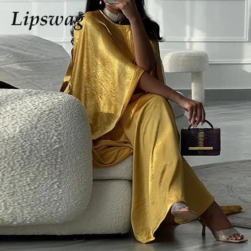 

2024 Women One Shoulder Silk Satin Pullover Dress Simple Loose Solid Party Dress Autumn New Shawl Stitching Ethnic Style Dress