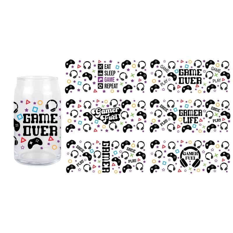 3D UV DTF Gamer Life Tarnsfer Sticker Wraps Cup 16 OZ Glass Cup High Quality Waterproof Sacrch Decals