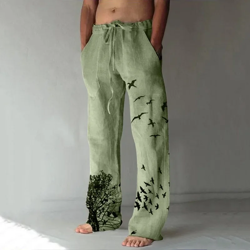 

Cotton Linen Pants Casual Pockets Wide Leg Pant Full Length Drawstring Men Plus Size Loose Vintage Pants