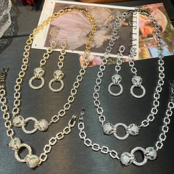 Women Full Zircon Leopard Head Hoop Earrings Female Thick Chain Fashion 1